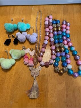 Disney Jewelry Lot Earrings Necklaces Pom Pom Tassel Mickey Mouse